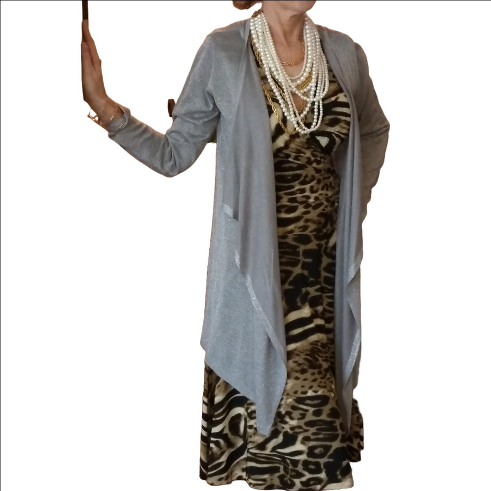 New Directions Gray Metallic Drape Cardigan S Open Front Lightweight Layering Pc